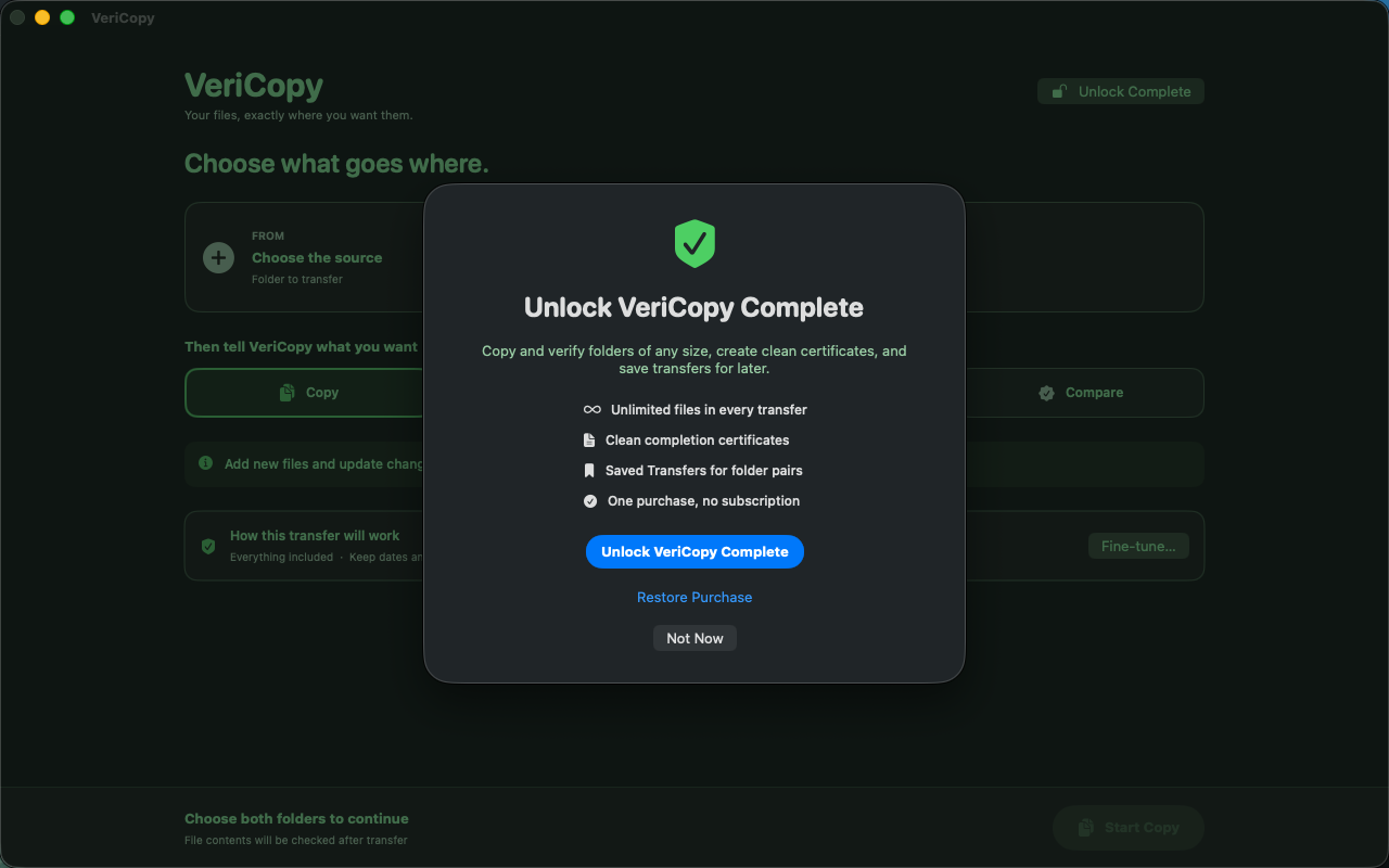 VeriCopy Complete unlock shown over the main transfer window in Homebrew Dark appearance.